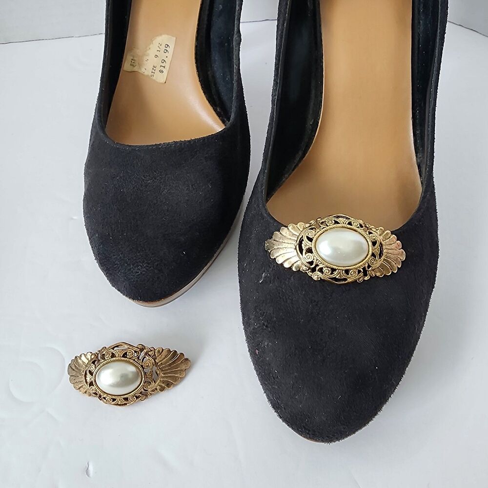 S. G. D'OR Shoe Clips 2" Curved Gold-tone W/ Faux Pearl Oval Cabochon Vintage